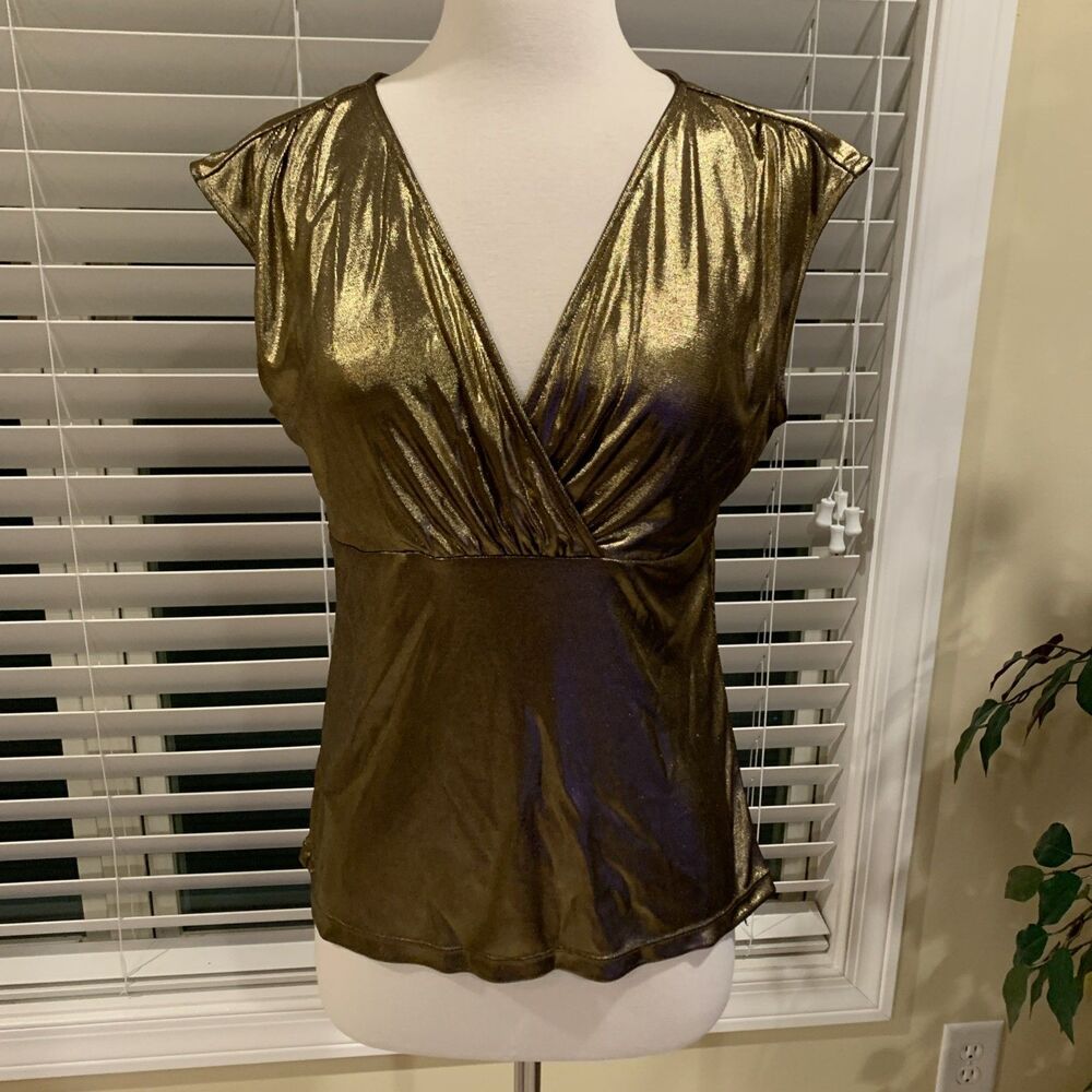 Ann Taylor Metallic Bronze Shimmer Sleeveless V Neck Stretch Size Medium
